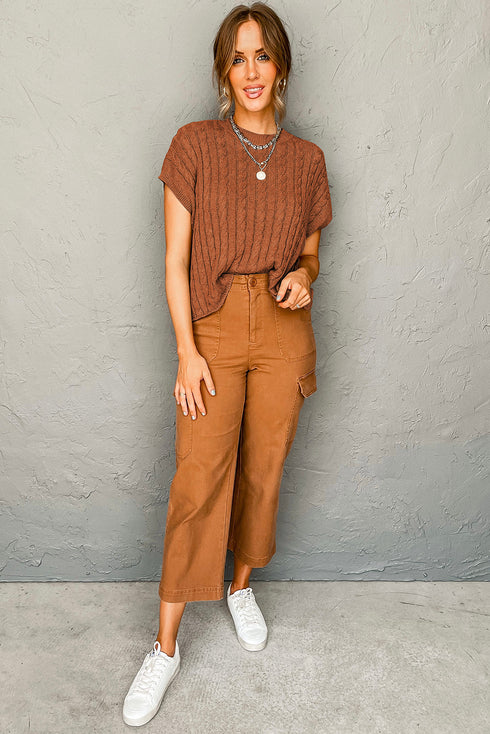 Crew Neck Cable Knit Short Sleeve Sweater